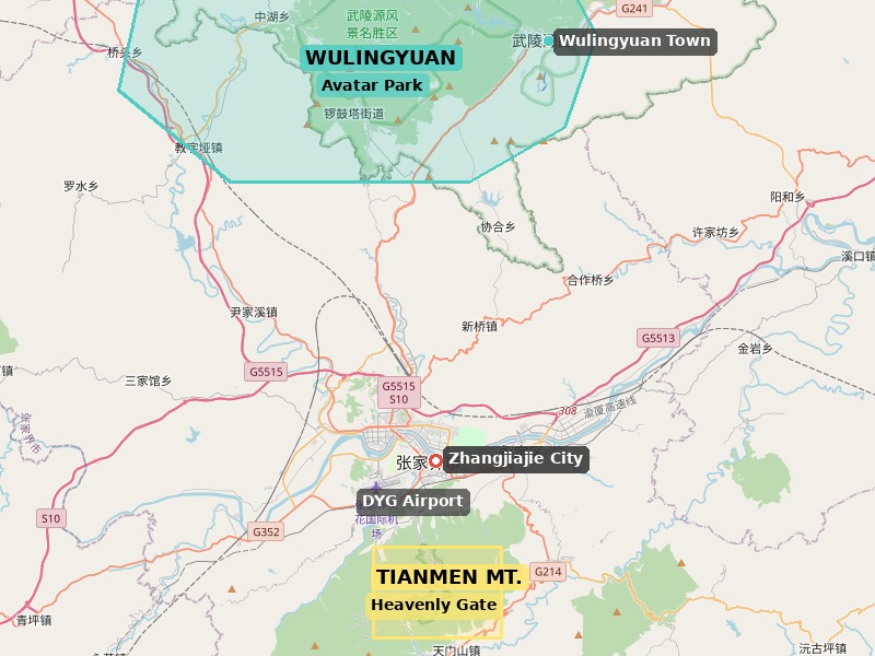 Расположение национального парка Чжанцзяцзе и горы Тяньмэнь на карте Китая